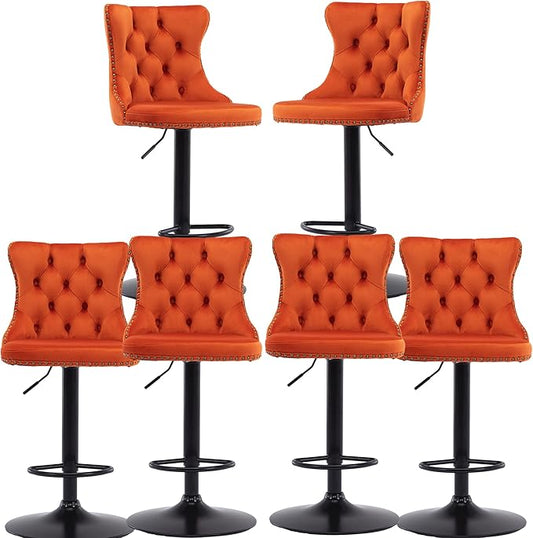 Rhomtree Velvet Swivel Bar Stools Upholstered Bar Stool with Button Tufted Back and Pull Ring Height Adjustable Barstools 25-33 Inch for Home Pub and Kitchen Island (Orange with Black Base, Set of 6)