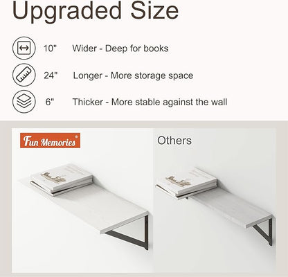 Deep White Floating Shelves for Wall, 24"W x 10"D Wall Shelves Set of 2, 10 Inch Deep Floating Shelf with Brackets, Wide Display & Storage Shelves for Books, Living Room, Kitchen, Bathroom
