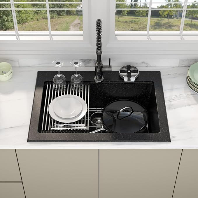 30 Granite Composite Kitchen Sink - Beslend 30x22 Drop In Black Kitchen Sink with High Pressure Glass Rinser, Granite Composite Worksation Black Sinks Easy Clean Quartz Basin for Kitchen Remodel