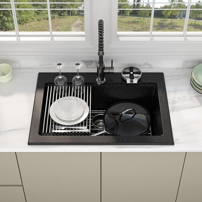 30 Granite Composite Kitchen Sink - Beslend 30x22 Drop In Black Kitchen Sink with High Pressure Glass Rinser, Granite Composite Worksation Black Sinks Easy Clean Quartz Basin for Kitchen Remodel