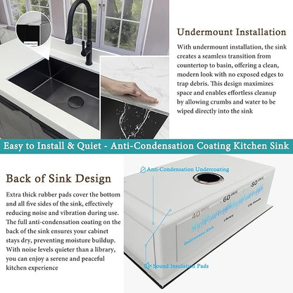 32 Inch Black Kitchen Sink Undermount - Delironexu Undermount Kitchen Sink Black, 16 Gauge Stainless Steel Sinks Single Bowl, 32''x19'' black Stainless Steel sink with 4 Accessories