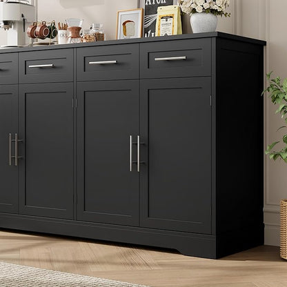 HOSTACK 60" Large Buffet Sideboard with Storage, 36" Tall Kitchen Buffet Storage Cabinet with 4 Drawer, Modern Coffee Bar Cabinet with Silver Handle, Long Sideboard Buffet Table for Living Room, Black