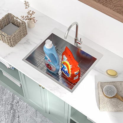 Mocoloo 22 Inch Drop In Laundry Sink - 22 x 22 x 12 Inch Laundry Room Sinks Topmount Kitchen Sinks Stainless Steel Deep Utility Sink 16 Gauge Square Single Bowl Handmade