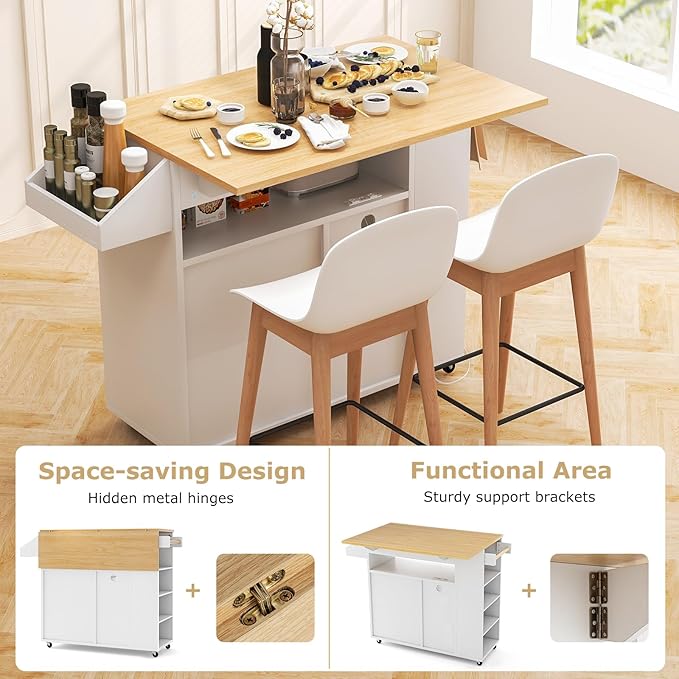 Giantex Rolling Kitchen Island Cart w/Drop Leaf, Power Outlet, Wine Rack, Stemware Rack, Drawer, Spice Rack, Mobile Storage Cart, Island Table on Wheels for Breakfast Dining (White & Natural)