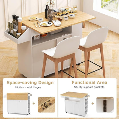 Giantex Rolling Kitchen Island Cart w/Drop Leaf, Power Outlet, Wine Rack, Stemware Rack, Drawer, Spice Rack, Mobile Storage Cart, Island Table on Wheels for Breakfast Dining (White & Natural)