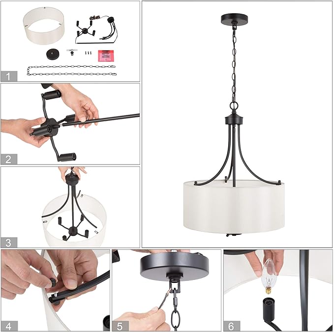 LALUZ Drum Lighting Chandelier, Farmhouse Chandeliers for Dining Room, Kitchen Island, Linen Fabric Shade, 16'' Dia