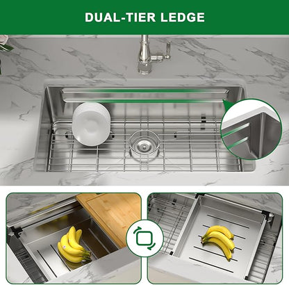 33 Kitchen Sink Stainless Steel - Sarlai 33 x 19 Inch Undermount Kitchen Sink Dual - Tier Ledges Workstation 16 Gauge Stainless Steel Under Counter Rectangular Deep Single Bowl Kitchen Sinks Basin