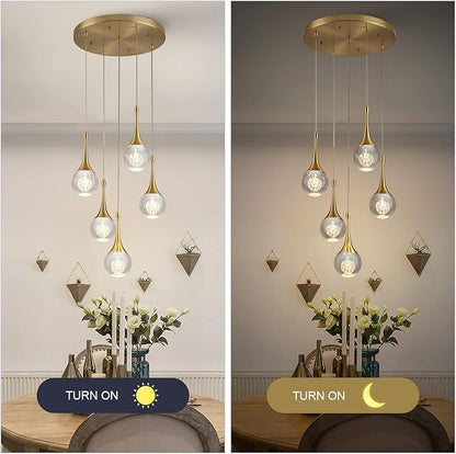5 Lights Crystal Pendant Light, 25W Gold Dimmable LED Teardrop Cluster Pendant Lighting Fixture for Dining Room Kitchen Living Room Foyer Hallway Bedroom 3000k Warm White