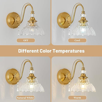 1 Piece Vintage Wall Sconce, 1-Light Brushed Gold Finish Wall Sconce with Hanging Crystal Accents and Flower-Shaped Clear Shades for Bathroom Bedroom Living Room,Vintage Vanity Light