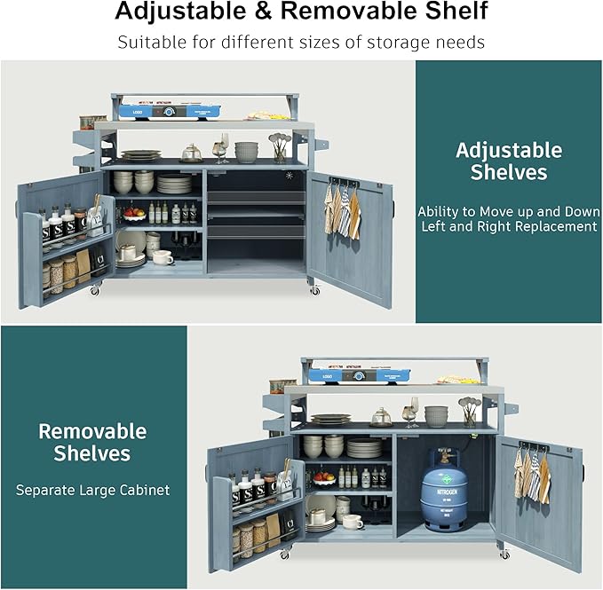 YOPTO 53.3" Outdoor Kitchen Island with Raised Shelf,Solid Wood Grill Cart,Stainless Steel Top,Adjustable Shelf,Spice Rack,Lockable Wheels,Grey Blue
