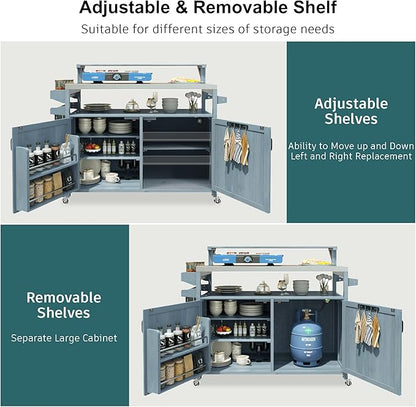 YOPTO 53.3" Outdoor Kitchen Island with Raised Shelf,Solid Wood Grill Cart,Stainless Steel Top,Adjustable Shelf,Spice Rack,Lockable Wheels,Grey Blue
