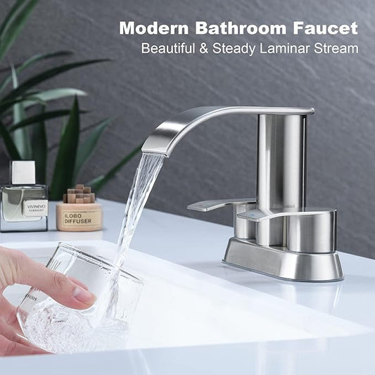 Ultimate Unicorn Waterfall Bathroom Sink Faucet Brushed Nickel, Two Handles Bathroom Faucet with Metal Pop up Sink Drain Stopper, Two Or 3 Holes Bathroom Basin Mixer Tap with Deck Mount Plate