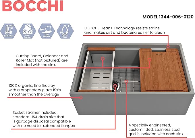 BOCCHI Contempo Workstation Apron Front Step Rim Fireclay 30 in. Single Bowl Kitchen Sink with Accessories in Matte Gray