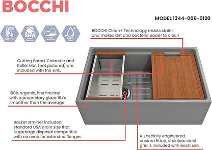 BOCCHI Contempo Workstation Apron Front Step Rim Fireclay 30 in. Single Bowl Kitchen Sink with Accessories in Matte Gray