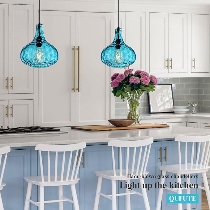 Mid-Century Modern Plug in Pendant Light Fixture,Blue Glass Pendant Lamp with 14.7 ft Cord Hammered Glass Globe Shade,Black Plug in Hanging Light for Bedroom Dining Living Room