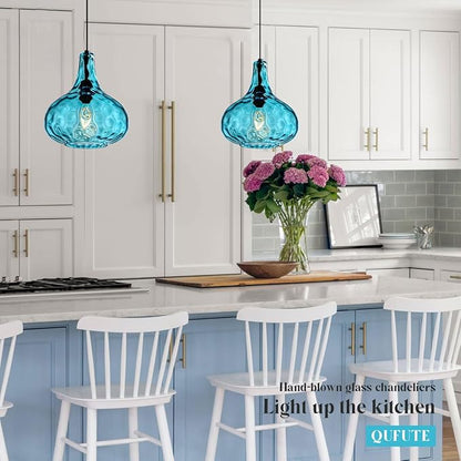 Mid-Century Modern Plug in Pendant Light Fixture,Blue Glass Pendant Lamp with 14.7 ft Cord Hammered Glass Globe Shade,Black Plug in Hanging Light for Bedroom Dining Living Room