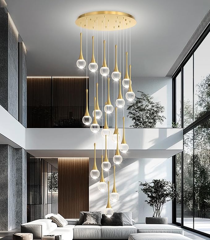 20 Light Crystal Chandelier for High Ceiling Dimmable LED Pendant Lights with Remote Adjustable Chandeliers for Staircase Foyer Living Room Gold