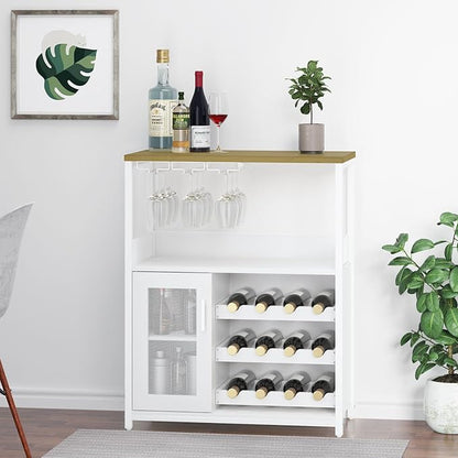 GAOMON Coffee Wine Bar Cabinet with Storage and Detachable Rack, Farmhouse Sideboard and Buffet Cabinet with Glass Holder and Mesh Door, Liquor Coffee Bar Cupboard, White