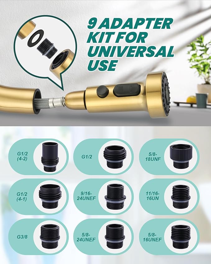 Pull Down Faucet Head Replacement: 3-Function Kitchen Faucet Head with 9 Adapters - Brushed Gold Kitchen Sink Spray Replacement Compatible with Moen, Delta, American Standard Faucets