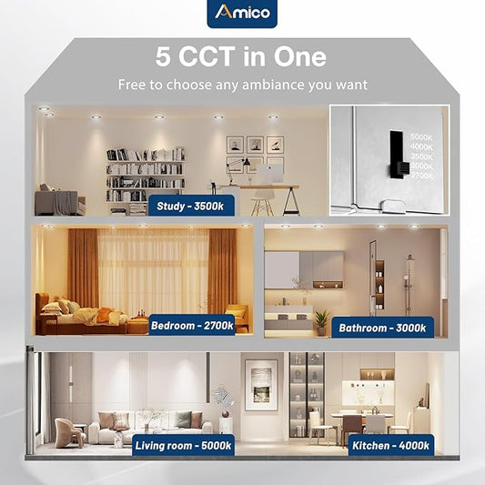 Amico 1 Pack 4 Inch 5CCT Ultra-Thin LED Recessed Ceiling Light with J-Box, 2700K/3000K/3500K/4000K/5000K Selectable, 10W Eqv 60W, Dimmable Canless Downlight, 700LM High Brightness, Black - ETL