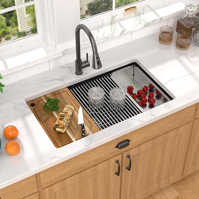 32 Inch Granite Composite Kitchen Sink - Black Undermount Workstation All-In One Classic Quartz Under Counter Single Bowl Sink Basin with Accessories, 32x19#TLGU-101