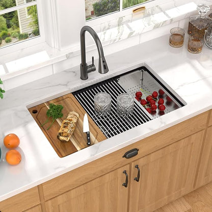 32 Inch Granite Composite Kitchen Sink - Black Undermount Workstation All-In One Classic Quartz Under Counter Single Bowl Sink Basin with Accessories, 32x19#TLGU-101
