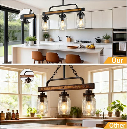 3-Light Farmhouse Dining Room Chandelier, Black Mason Jar Chandelier Lighting Fixture for Kitchen Island, Dining Table, Rustic Linear Cluster Hanging Pendant Light, Faux Wood with Glass Shade