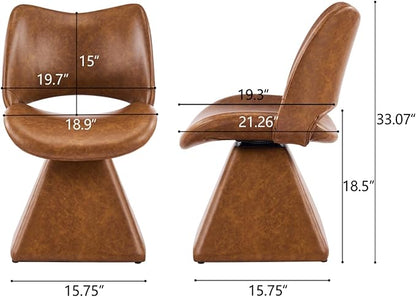 Swivel Dining Chair Upholstered Faux Leather Accent Seat with Curved High Back, Cushioned Foam Padding, Solid Wood and Metal Base, Modern Armless Side Chair for Kitchen Island Vanity Desk (Brown)