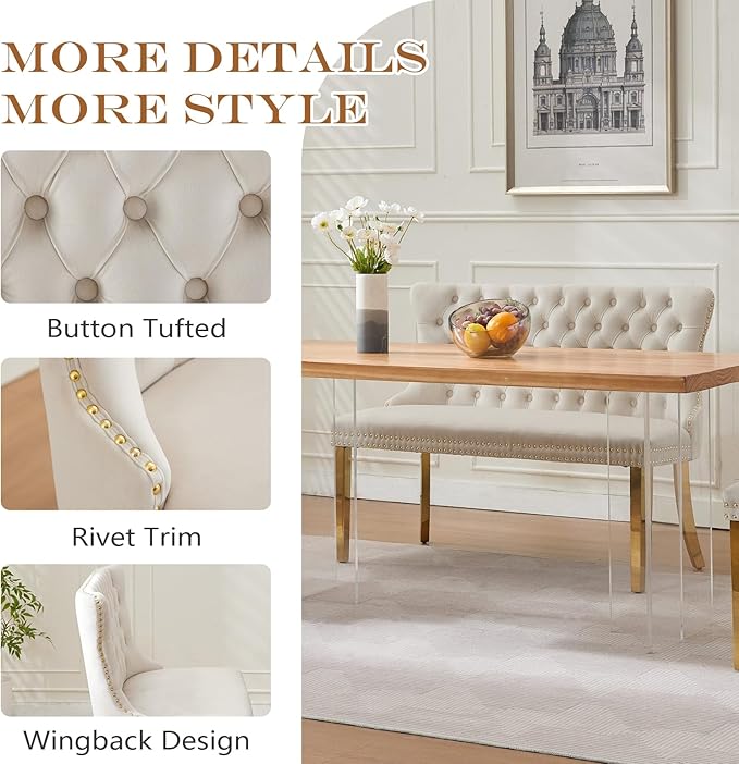 45.6in Upholstered Dining Bench, Mid-Century Modern Kitchen Room Bench with Tufted Back and Metal Legs, Velvet Small Sofa Couch Banch, Beige