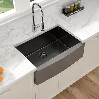Sarlai Black Farmhouse Sink - 30 Inch Apron Front Kitchen Sink 30x22 Inch Farmhouse Kitchen Sinks Gunmetal Black Farmer Farm Stainless Steel 16 Gauge Sinks Deep Single Bowl Basin