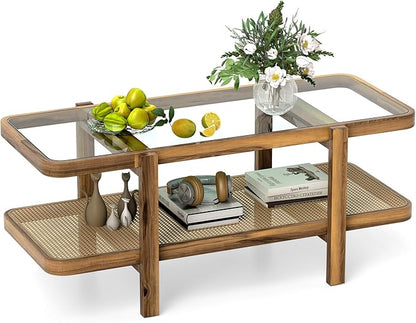 Tangkula Rattan Coffee Table, 47.5”L Boho Cocktail Tables, 2-Tier Center Table with Tempered Glass Tabletop, PE Rattan Shelf & Acacia Wood Frame, Mid Century Modern Tea Table for Living Room (Natural)