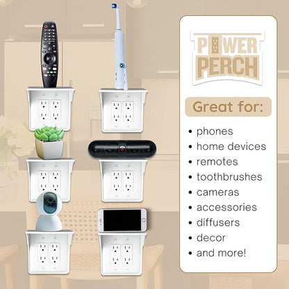 Power Perch Double Wall Outlet Shelf with Cord Storage Strap - Declutter & Reclaim Bedroom Counter Space - Echo Dot Stand, Apple Homepod Shelf, Toothbrush Holder for Bathroom - White, 1-Pack