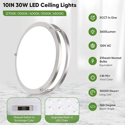 10 Inch LED Flush Mount Ceiling Light, Brushed Nickle Kitchen Lighting Fixture with 2700K/3000K/4000K/5000K/6500K 5 Color Adjusted, Dimmable Modern Round LED Light for Bedroom Living Room, 1-Pack