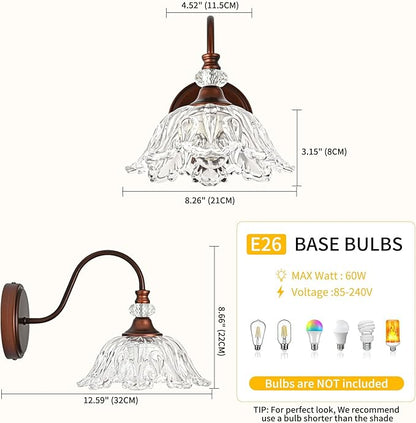 1-Piece Antique Red Bronze Vintage Wall Sconce with Floral Clear Glass Shade, Farmhouse Wall Mount Lighting for Bathroom,Vintage Bathroom Vanity Light Fixtures