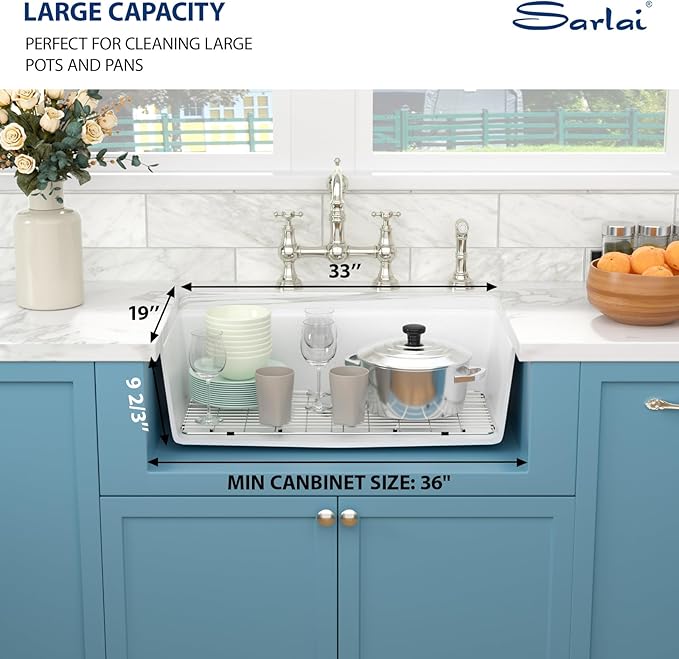 Sarlai 33 Granite Composite Kitchen Sink - 33 x 19 Inch Granite Undermount Kitchen Sink Ledge Workstation Under-Mount White Quartz Classic Single Bowl Sinks Under Counter Basin With Accessories