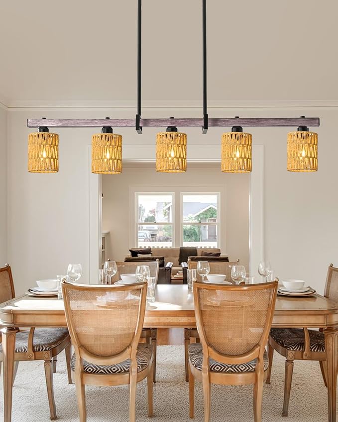 5-Light harmhouse Kitchen Island Light Fixture, Linear Chandelier for Dining Room, 5-Light Rustic Pendant Light Over Table, Handmade Woven Farmhouse Wicker Chandelier