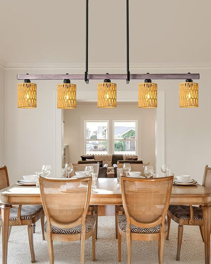 5-Light harmhouse Kitchen Island Light Fixture, Linear Chandelier for Dining Room, 5-Light Rustic Pendant Light Over Table, Handmade Woven Farmhouse Wicker Chandelier