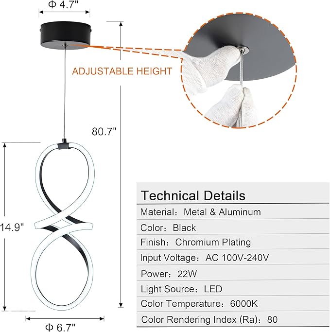 MAYNA Spiral Led Pendant Light Fixture,Modern Led Chandelier, 6000K Adjustable Height Hanging Light Fixture for Kitchen Living Room Bedroom Cafe Table, 1 Pack (Black)