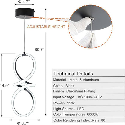 MAYNA Spiral Led Pendant Light Fixture,Modern Led Chandelier, 6000K Adjustable Height Hanging Light Fixture for Kitchen Living Room Bedroom Cafe Table, 1 Pack (Black)