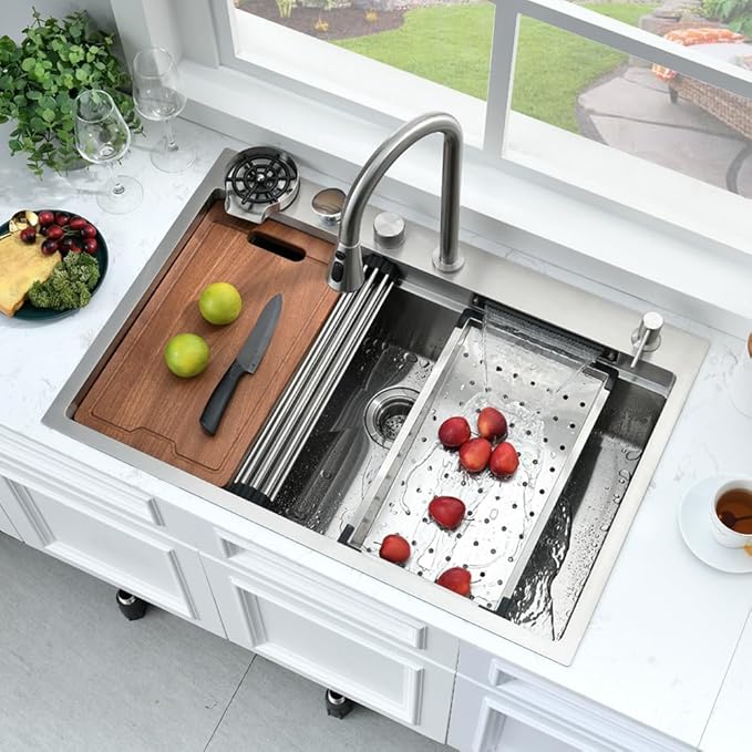 33 Inch Drop In Waterfall Kitchen Sink with Fuacet Combo-Bokaiya 33x22 Drop In Kitchen Sink with Cup Washer 16 Gauge Stainess Steel Top Mount Multifunctional Sink, Updated Water Pressure Control