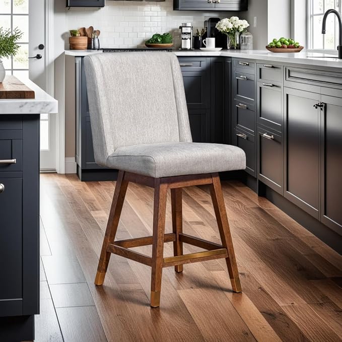 Armen Living Stancoste Modern Farmhouse 26" Seat Height Swivel Bar Stool for Kitchen Island Counter in Brown Oak Wood with Beige Fabric