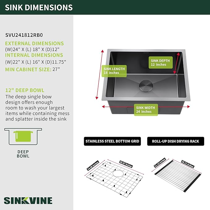 24-inch Undermount Laundry Utility Sink - SINKVINE 24x18x12 Extra Deep Black Stainless Steel Single Bowl Basin with Drain Strainer, Bottom Grid & Drying Unit for Laundry Room, Outdoor, Kitchen Use