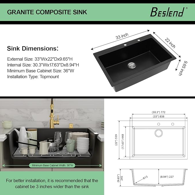 33 Granite Composite Kitchen Sink - Beslend 33x22 Inch Drop In Granite Kitchen Sink Topmount Black Quartz Sinks Classic Above Counter Single Bowl Basin