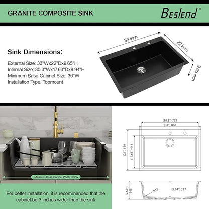 33 Granite Composite Kitchen Sink - Beslend 33x22 Inch Drop In Granite Kitchen Sink Topmount Black Quartz Sinks Classic Above Counter Single Bowl Basin