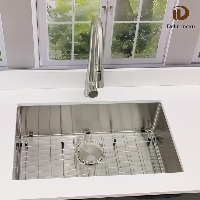 28 Inch Undermount Kitchen Sink, Delironexu 16 Gauge 304 Stainless Steel Kitchen Sink, 28" x 18" Single Bowl Undermount Sink with 4 Accessories: Bottom Grid, Roll-Up Rack, Drain & Towel