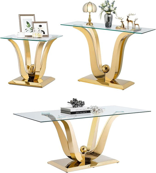 Luxury Glass Coffee Table Set of 3 Piece Gold Living Room Table Set of 3 Including Coffee End Sofa Tables Set,Gorgeous Stainless Steel Frame, Clear Glass Top for Living Room Home Office Apartment