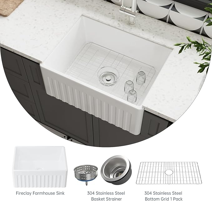 Farmhouse Sink, 24 Inch Large Undermount Kitchen Sink, 10" Deep Apron Front Farm Sinks, Ceramics White Single Bowl, Heavy Duty, Easy to Clean 24" x 18" x10"