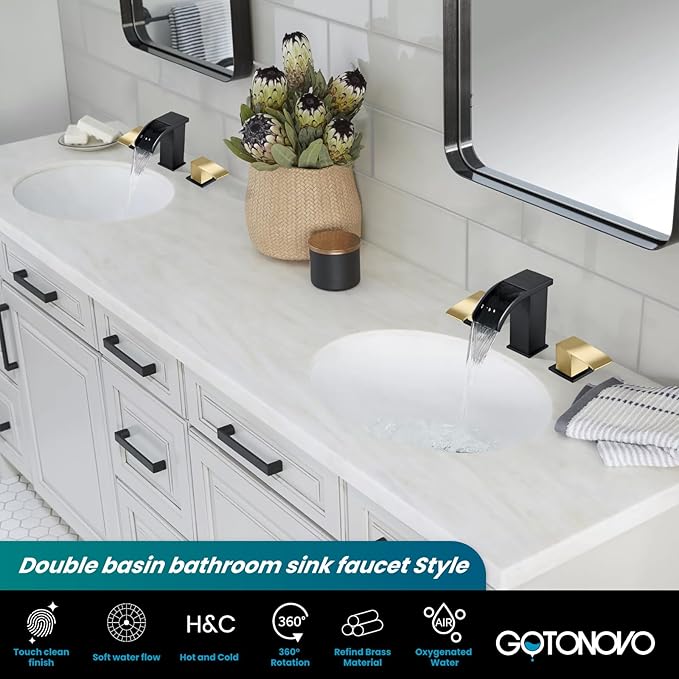 gotonovo Waterfall 8 inch Widespread Bathroom Faucet Set Bathroom Sink Faucet 3 Hole 2 Handle Vanity Lavatory Deck Mount with Pop Up Drain and Water Supply Lines Square Body Brushed Gold and Black
