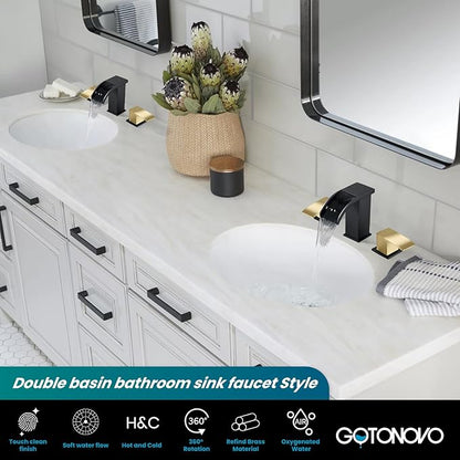 gotonovo Waterfall 8 inch Widespread Bathroom Faucet Set Bathroom Sink Faucet 3 Hole 2 Handle Vanity Lavatory Deck Mount with Pop Up Drain and Water Supply Lines Square Body Brushed Gold and Black
