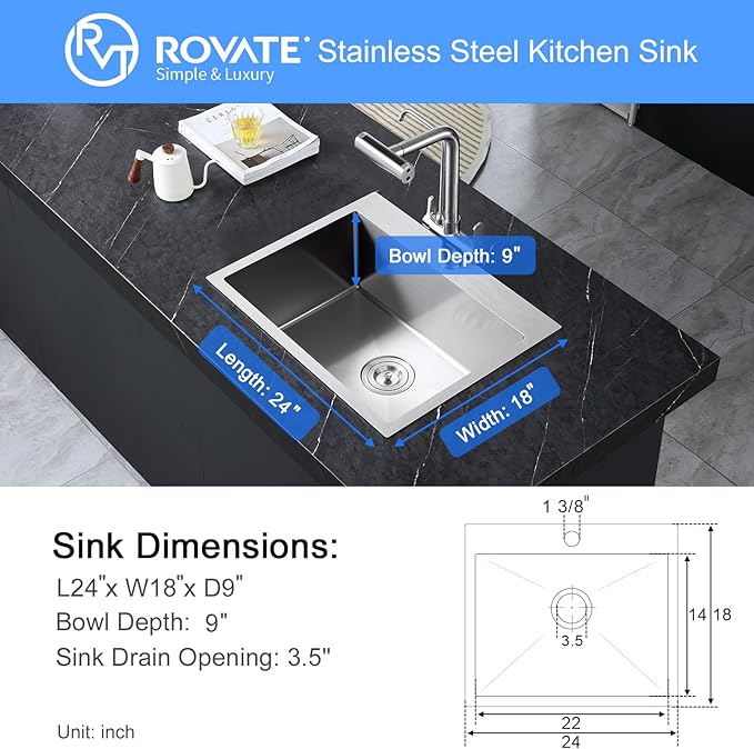 ROVATE 24 x 18 inch Drop-in Kitchen Sink Single Bowl, Topmount Stainless Steel Sink with1 Hole, Handmade Overmount Kitchen or Bar Sinks with Basket Strainer